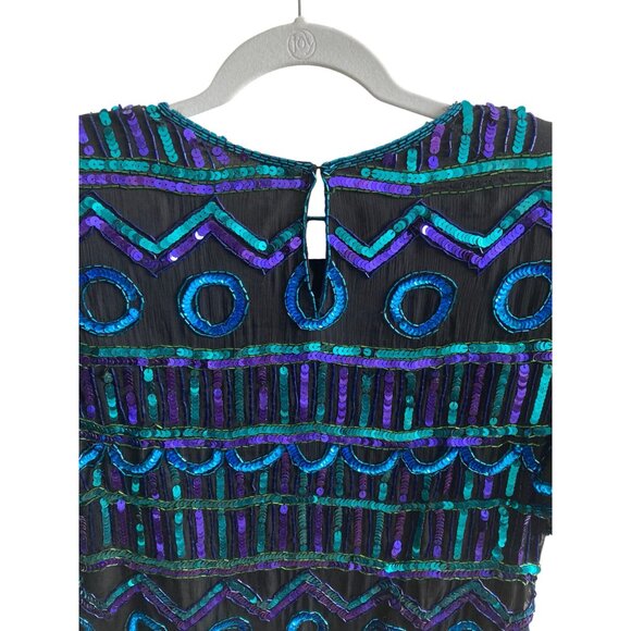 Vintage Laurence Kazar Sequined Silk Top Black Blue Green Short Sleeve Petite Me - Picture 4 of 10
